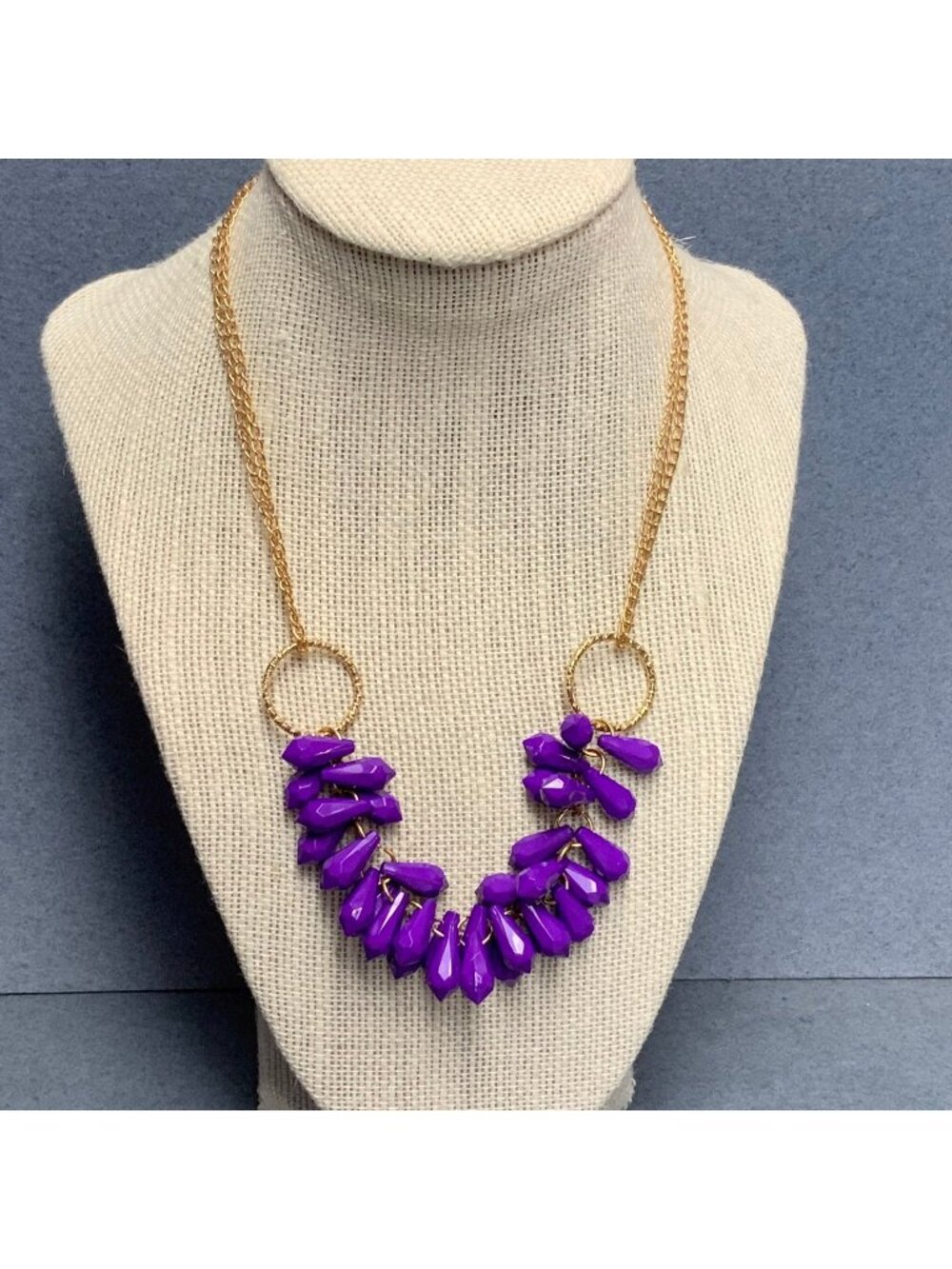 Chunky Double Chain Necklace 18 In Gold Faceted Purple Bead Textured Rings Glam
